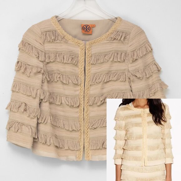 Tory Burch Julian Fringe Jacket Statement Coat Evening Silk Khaki Nude Size 2 - Picture 1 of 8